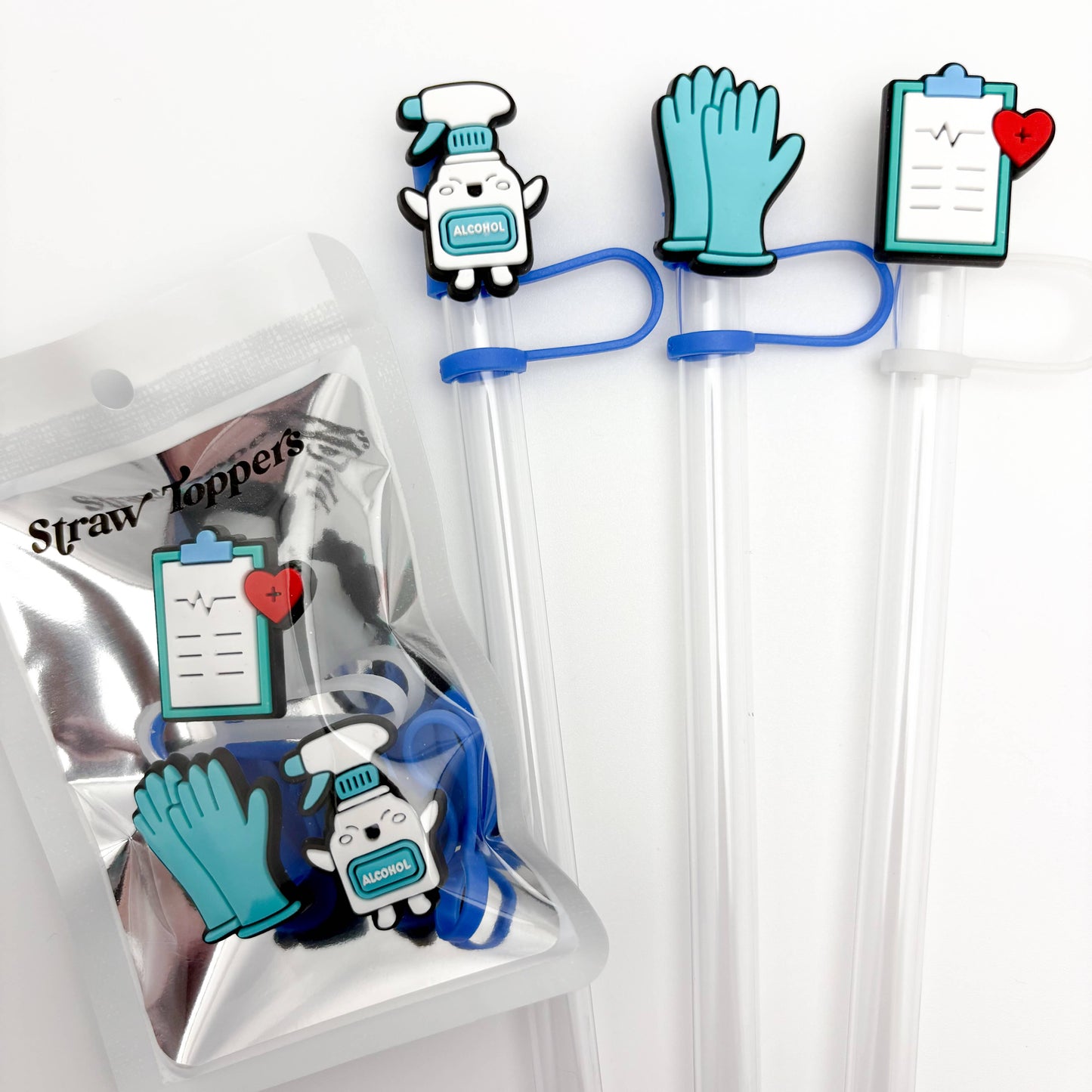 Straw Topper 3 pack - Medical Gloves, Alcohol, Clipboard