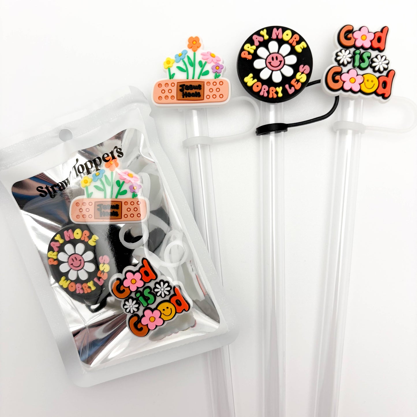 Straw Topper 3 pack - Christian Jesus Heals, God is Good
