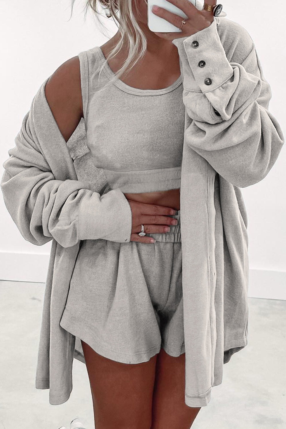 Gray Shirred Hem Crop Tank Top Shorts and Shirt Collar Cardigan 3 Piece Lounge Set