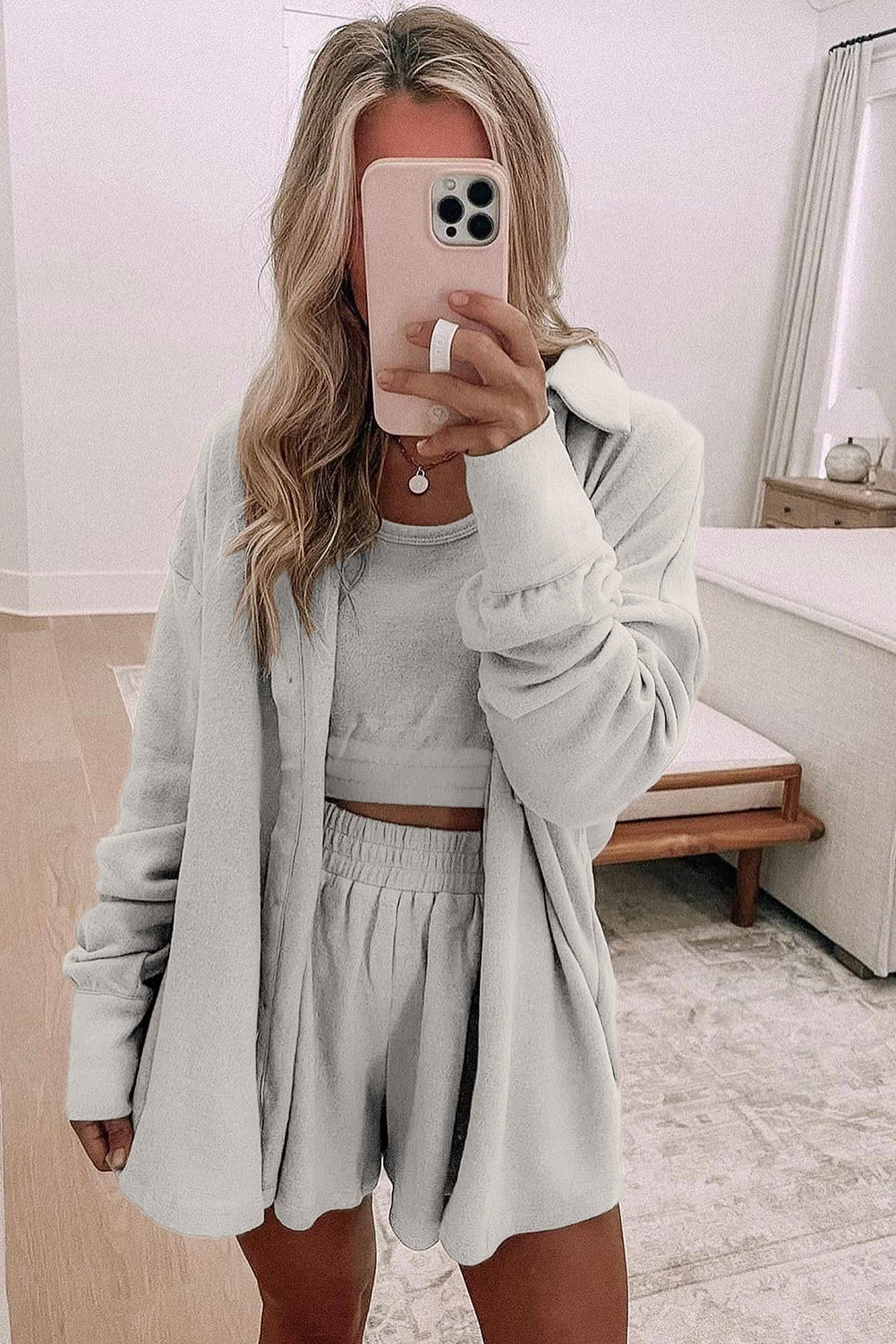 Gray Shirred Hem Crop Tank Top Shorts and Shirt Collar Cardigan 3 Piece Lounge Set