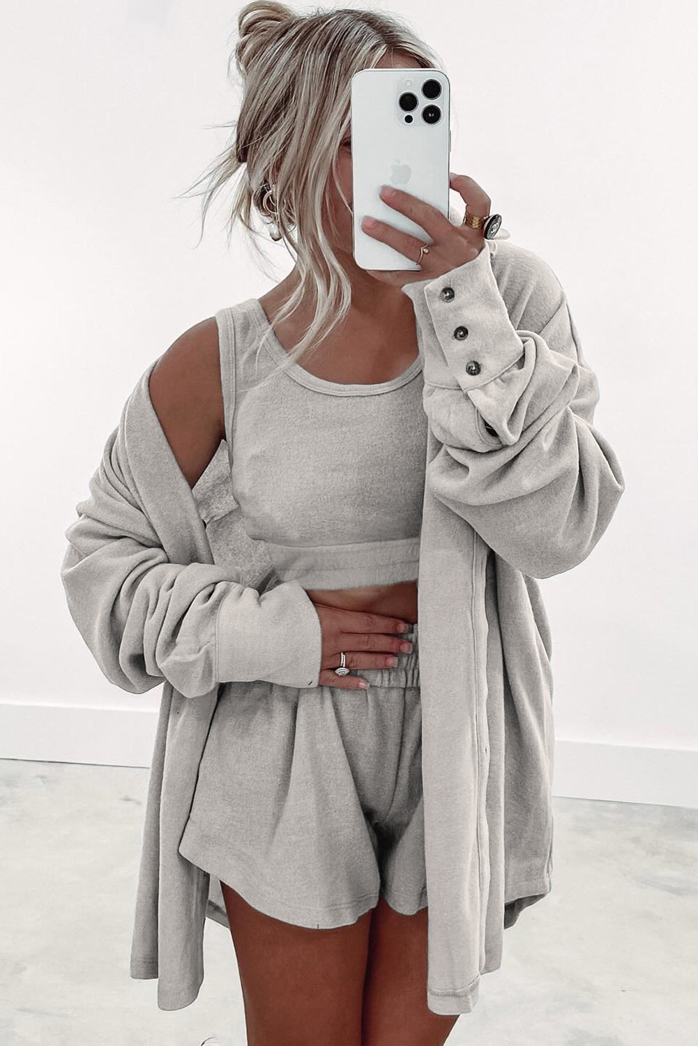 Gray Shirred Hem Crop Tank Top Shorts and Shirt Collar Cardigan 3 Piece Lounge Set