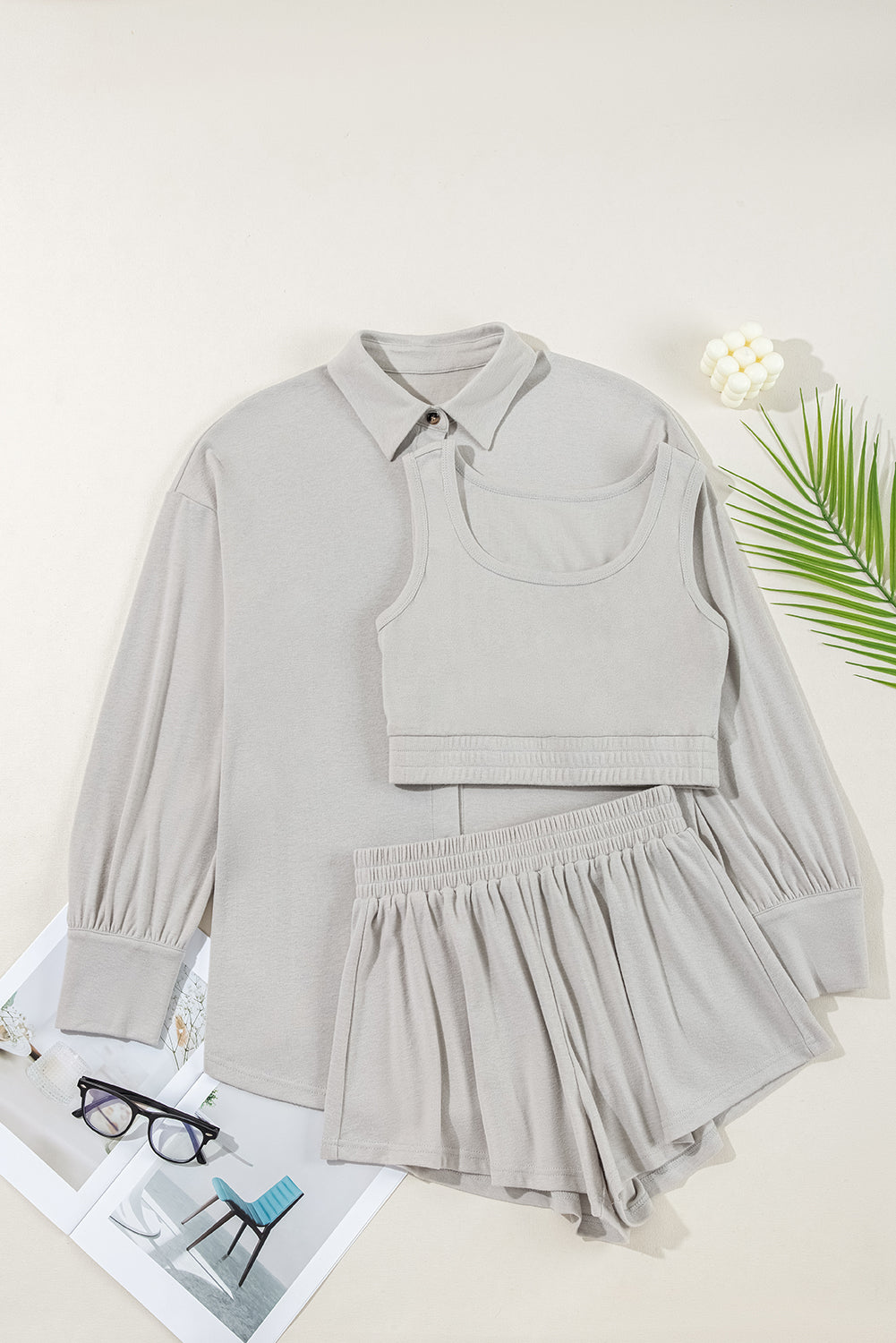 Gray Shirred Hem Crop Tank Top Shorts and Shirt Collar Cardigan 3 Piece Lounge Set