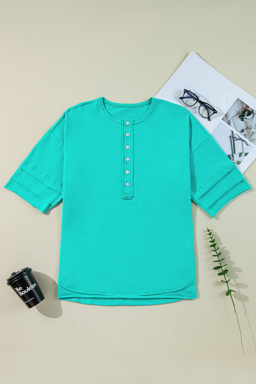 Mint Green Solid Color Half Sleeve Buttons Henley Top