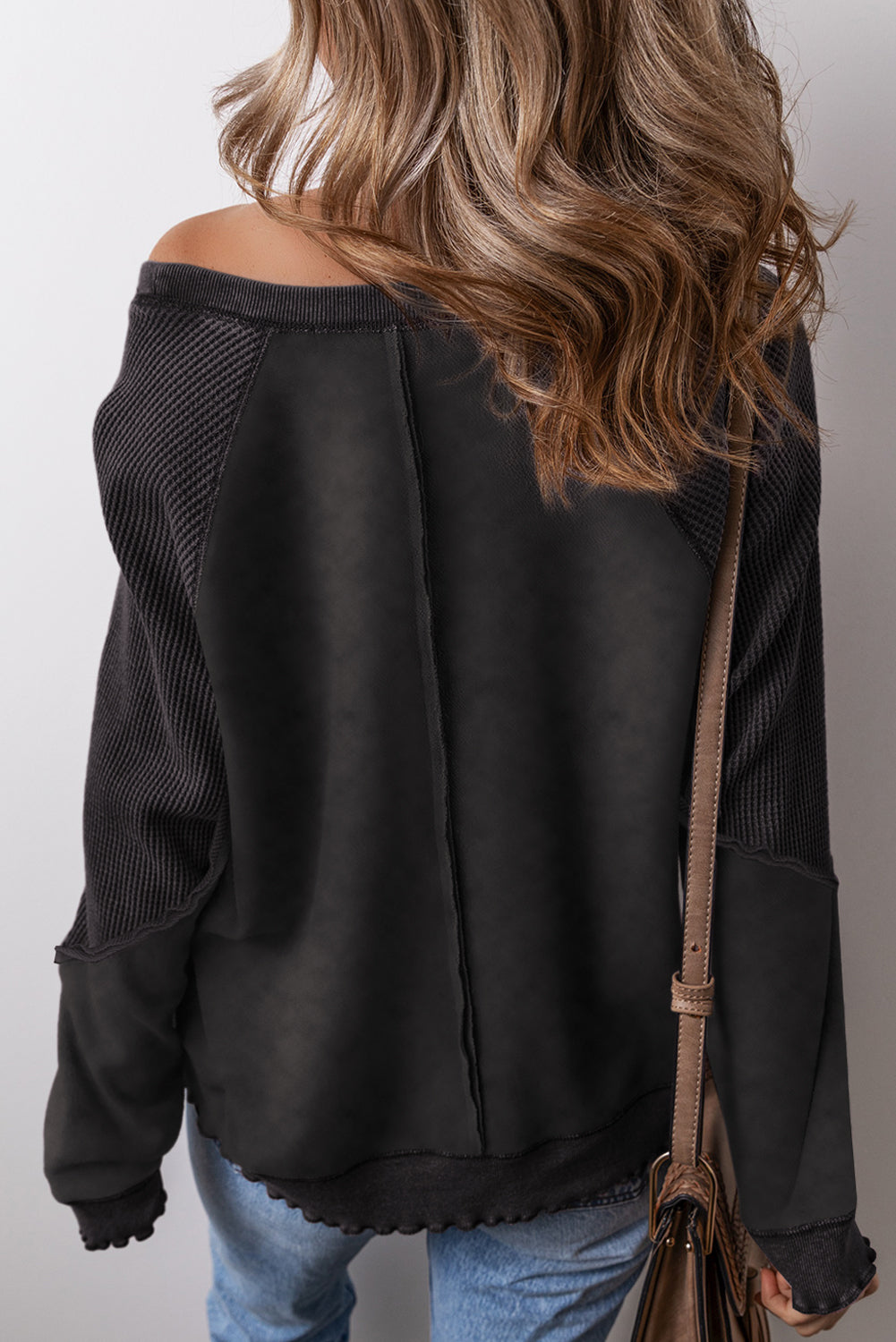 Waffle Knit Patchwork Raglan Sleeve Sweatshirt