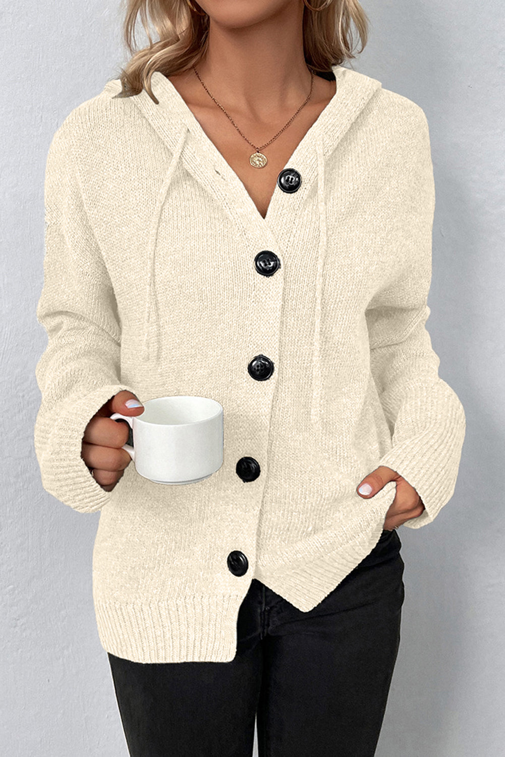 Drawstring Hooded Button Up Sweater Cardigan