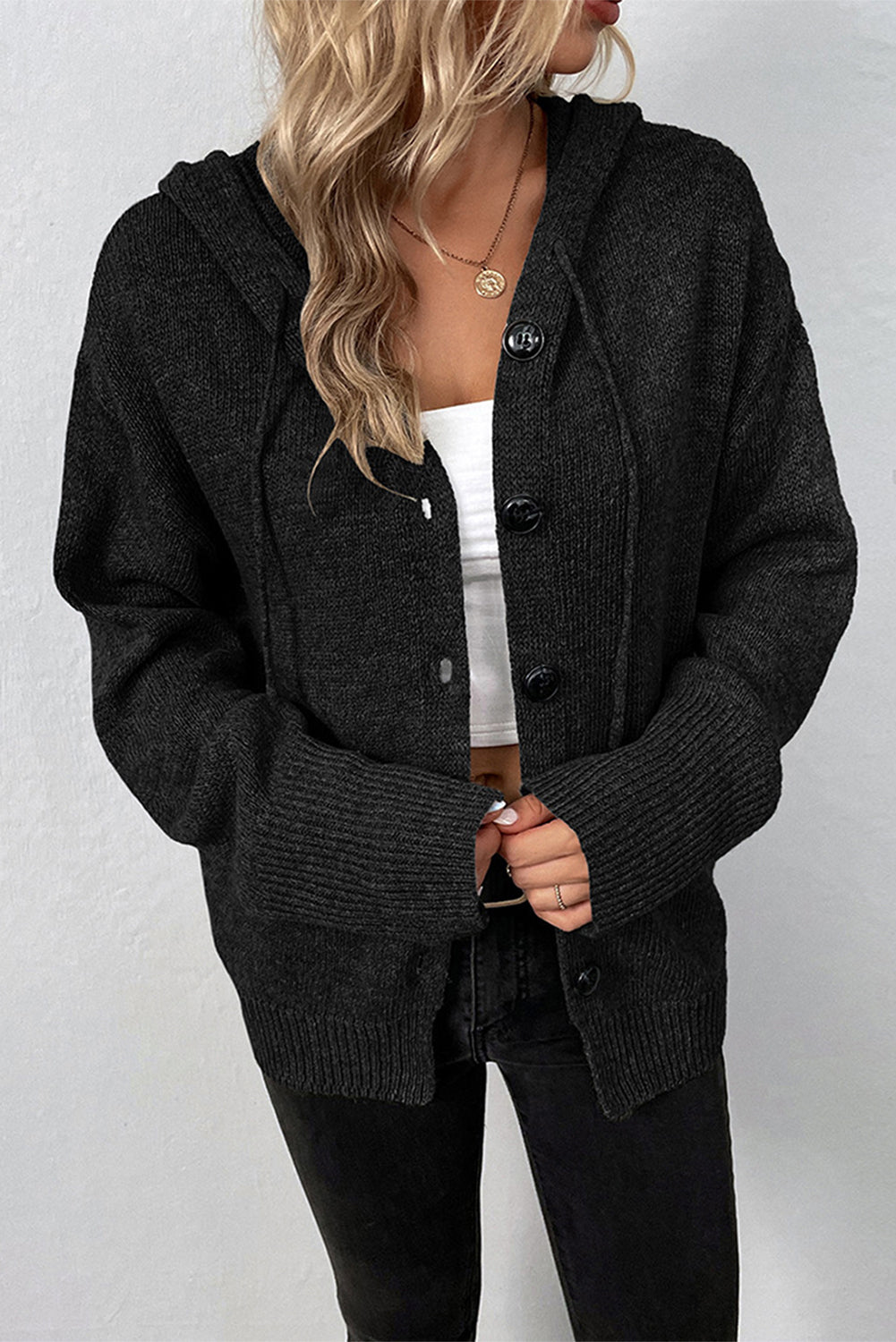 Drawstring Hooded Button Up Sweater Cardigan