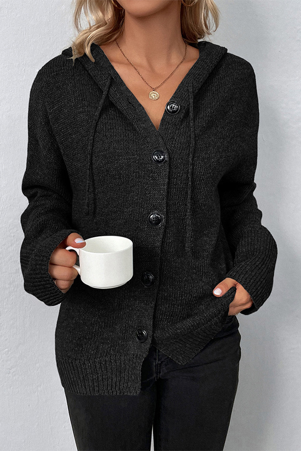 Drawstring Hooded Button Up Sweater Cardigan