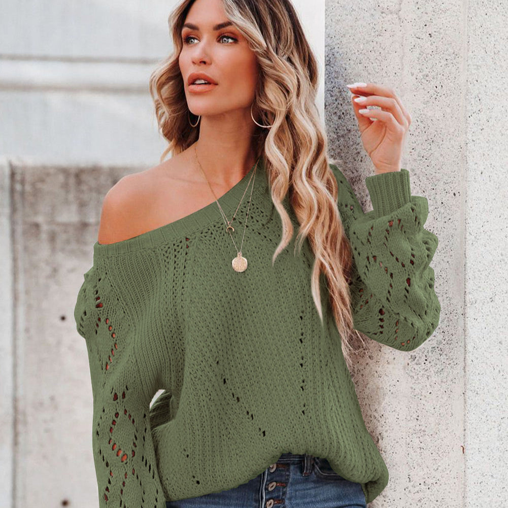 Green Hollow-out Puffy Sleeve Knit Sweater