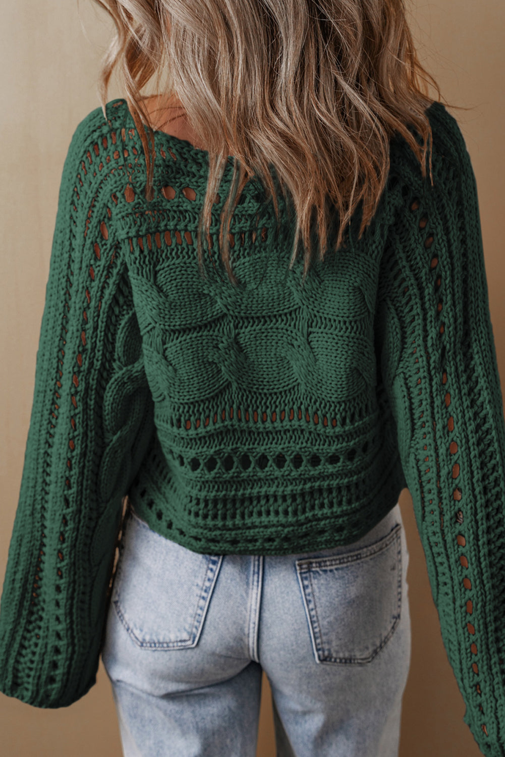 Green Hollow-out Cable Knit Cropped Sweater