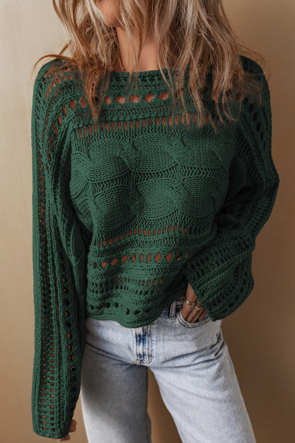 Green Hollow-out Cable Knit Cropped Sweater