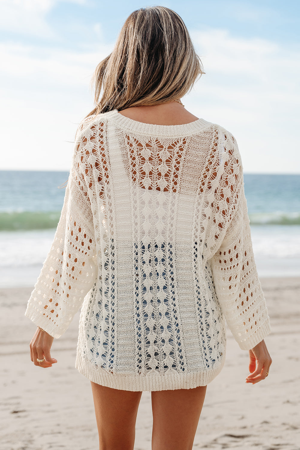 White Hollow Out Knit Drop Shoulder long sleeve Sweater