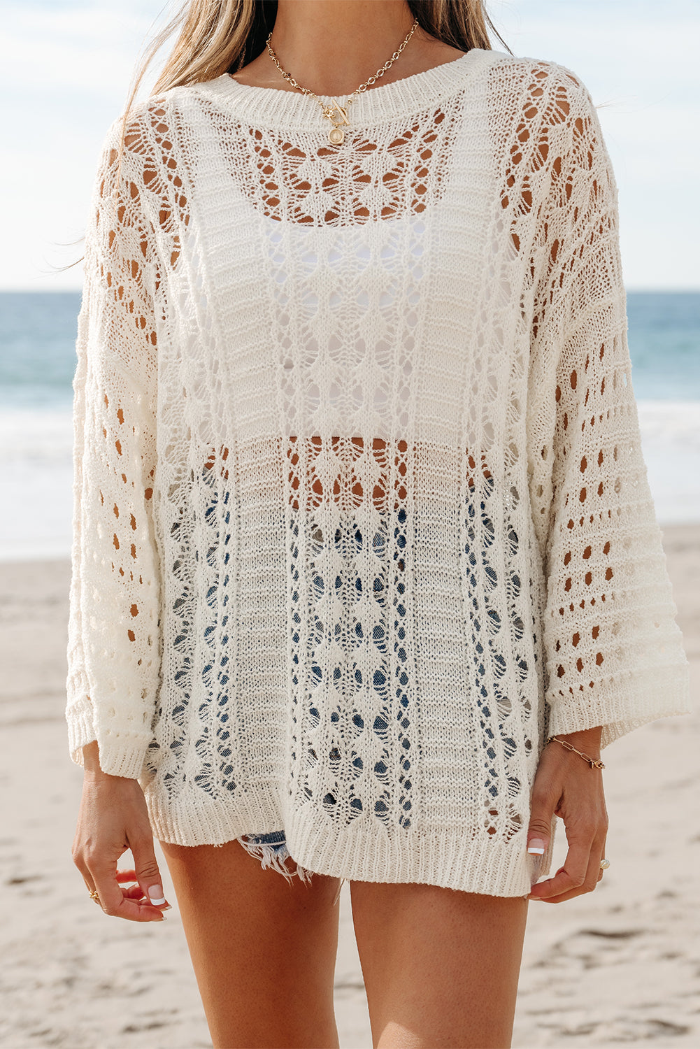 White Hollow Out Knit Drop Shoulder long sleeve Sweater