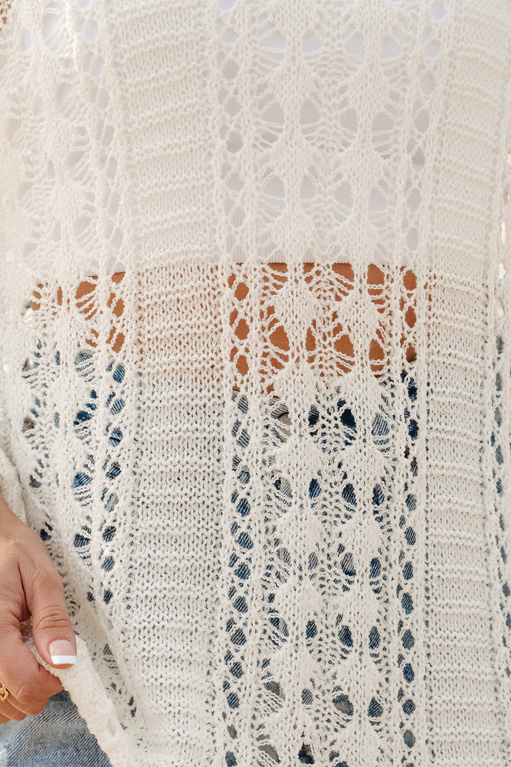 White Hollow Out Knit Drop Shoulder long sleeve Sweater
