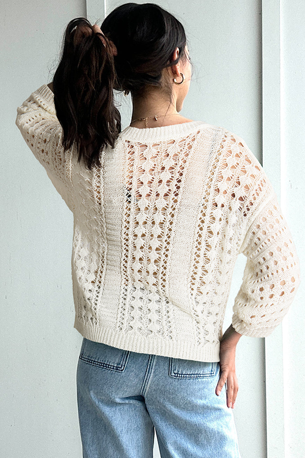 White Hollow Out Knit Drop Shoulder long sleeve Sweater
