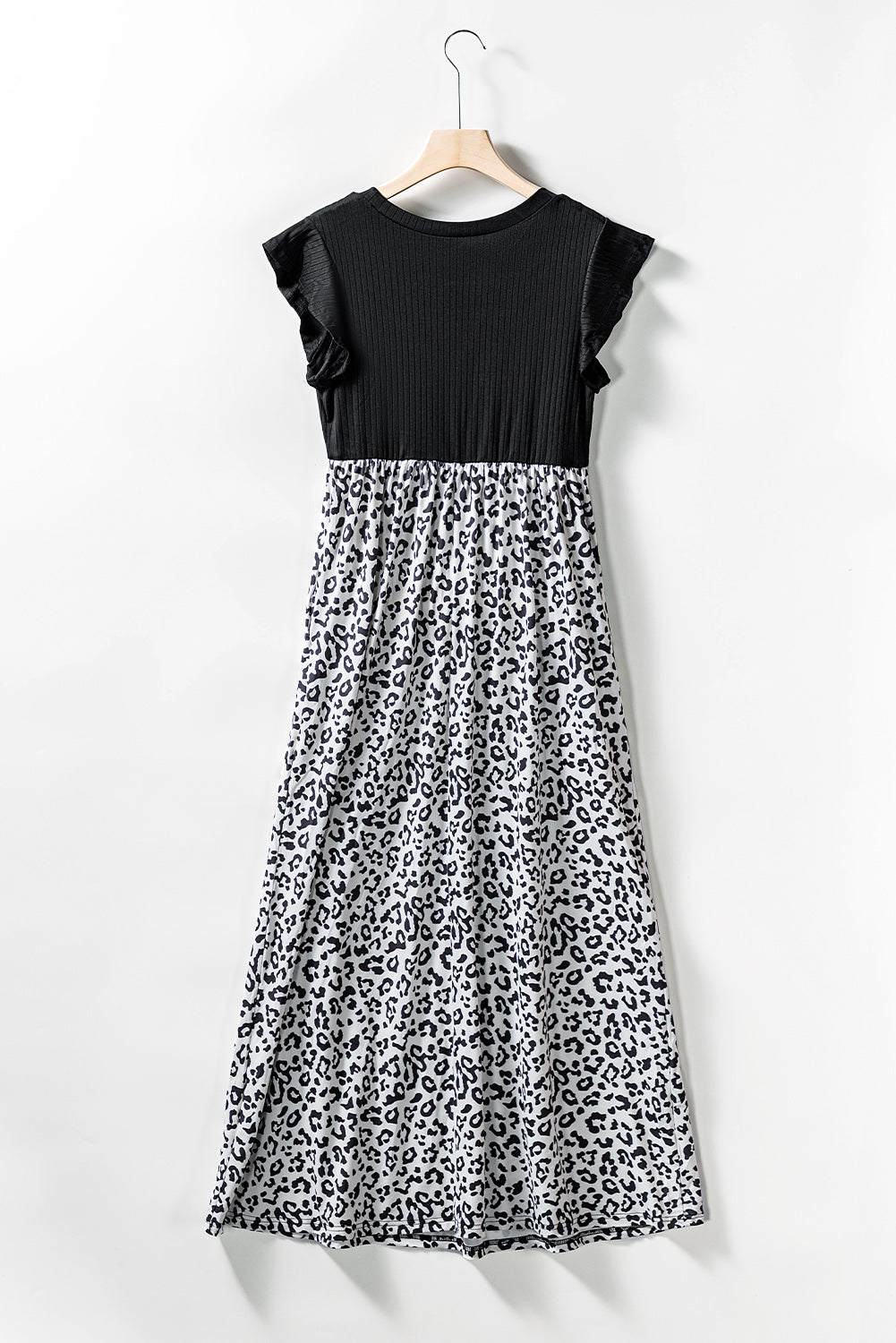 Black Leopard Patchwork Ribbed Maxi Dress with Pockets