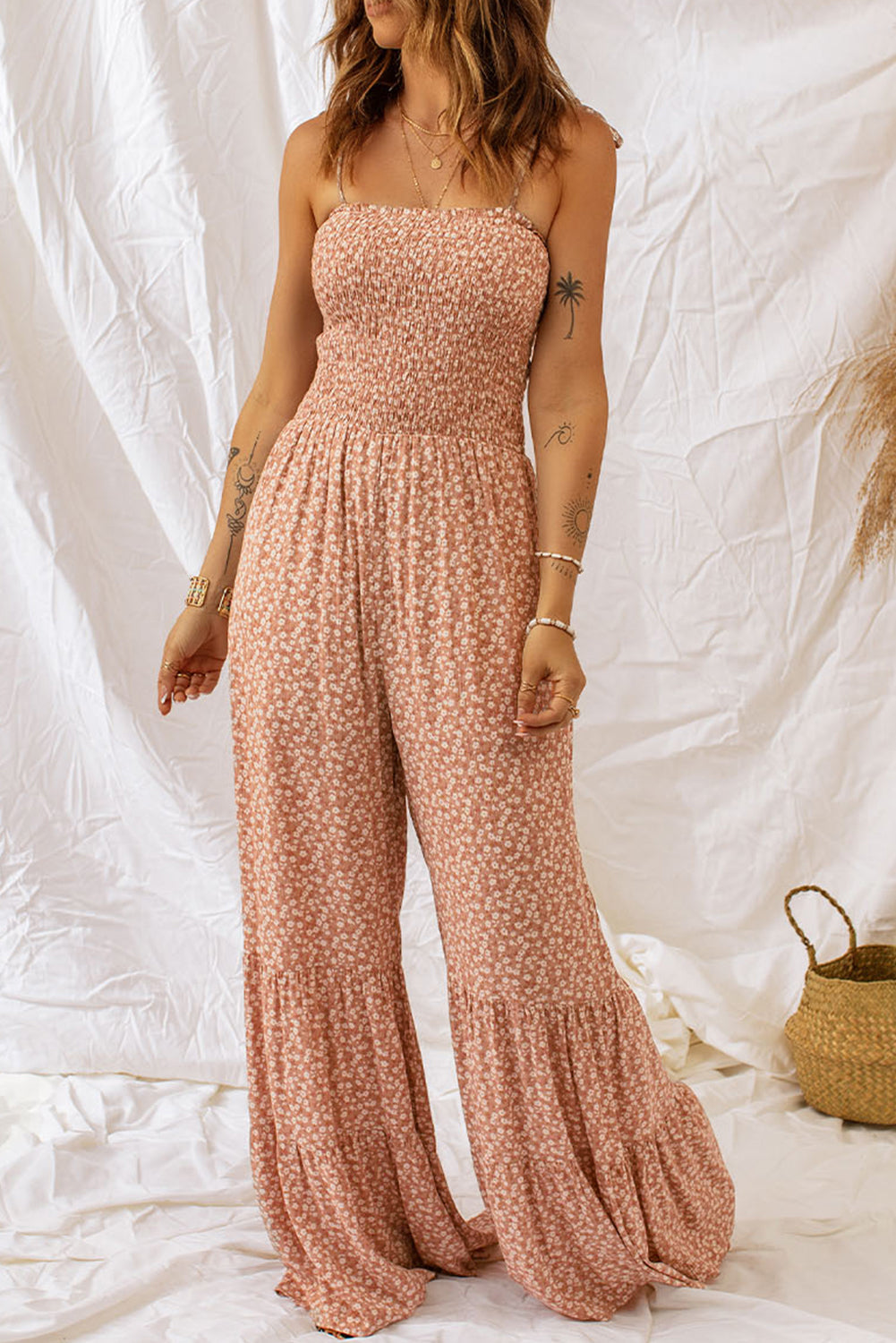 Khaki Thin Straps Wide Leg Floral Jumpsuit