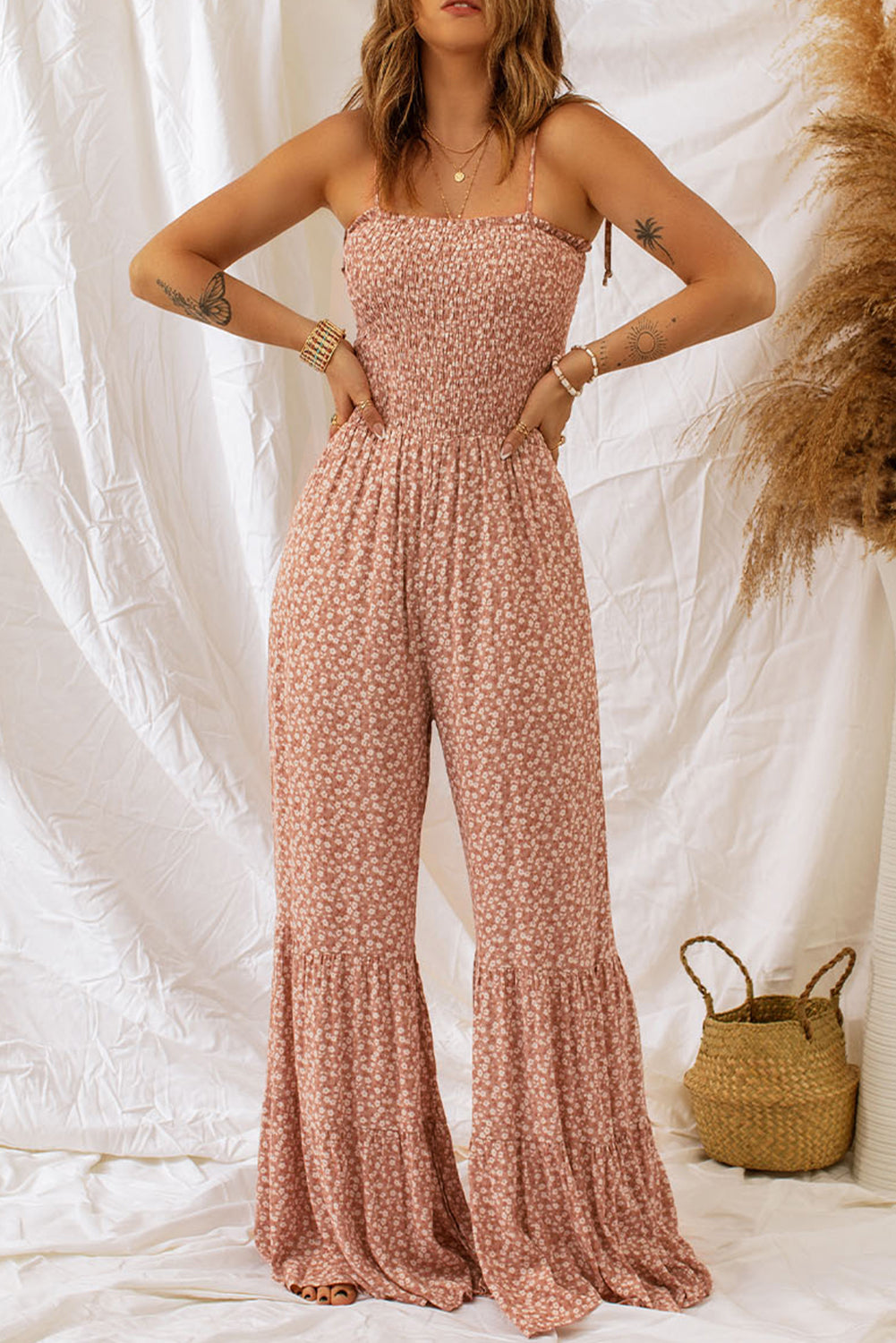 Khaki Thin Straps Wide Leg Floral Jumpsuit
