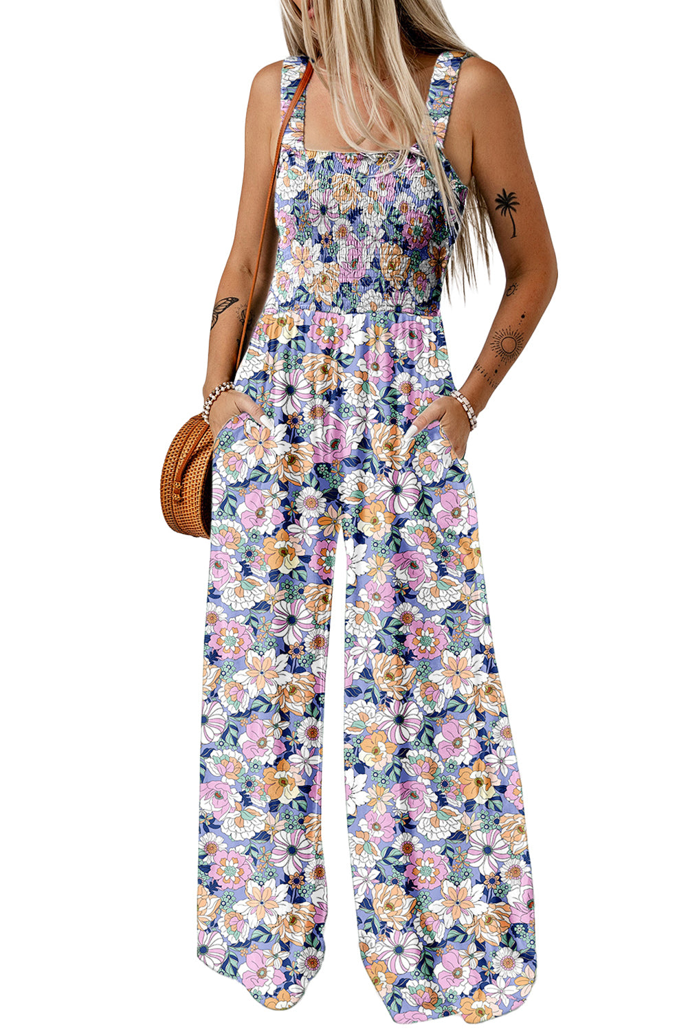 Purple Floral Print Smocked High Waist Square Neck Jumpsuit