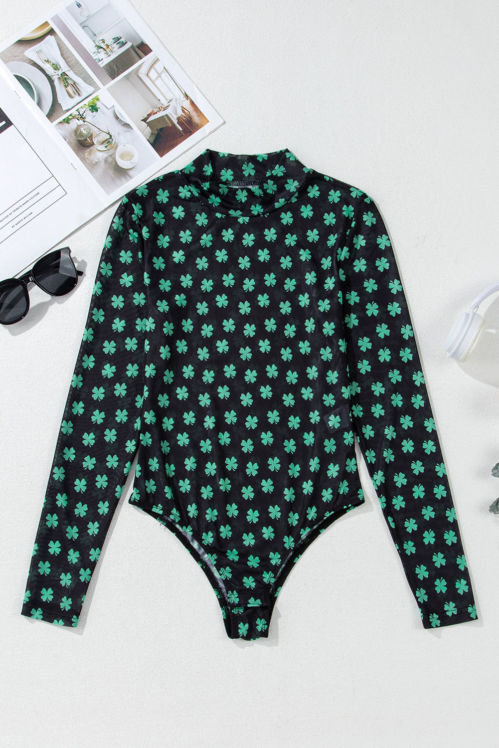 Long Sleeve Mesh Bodysuit Green St Patrick Shamrock