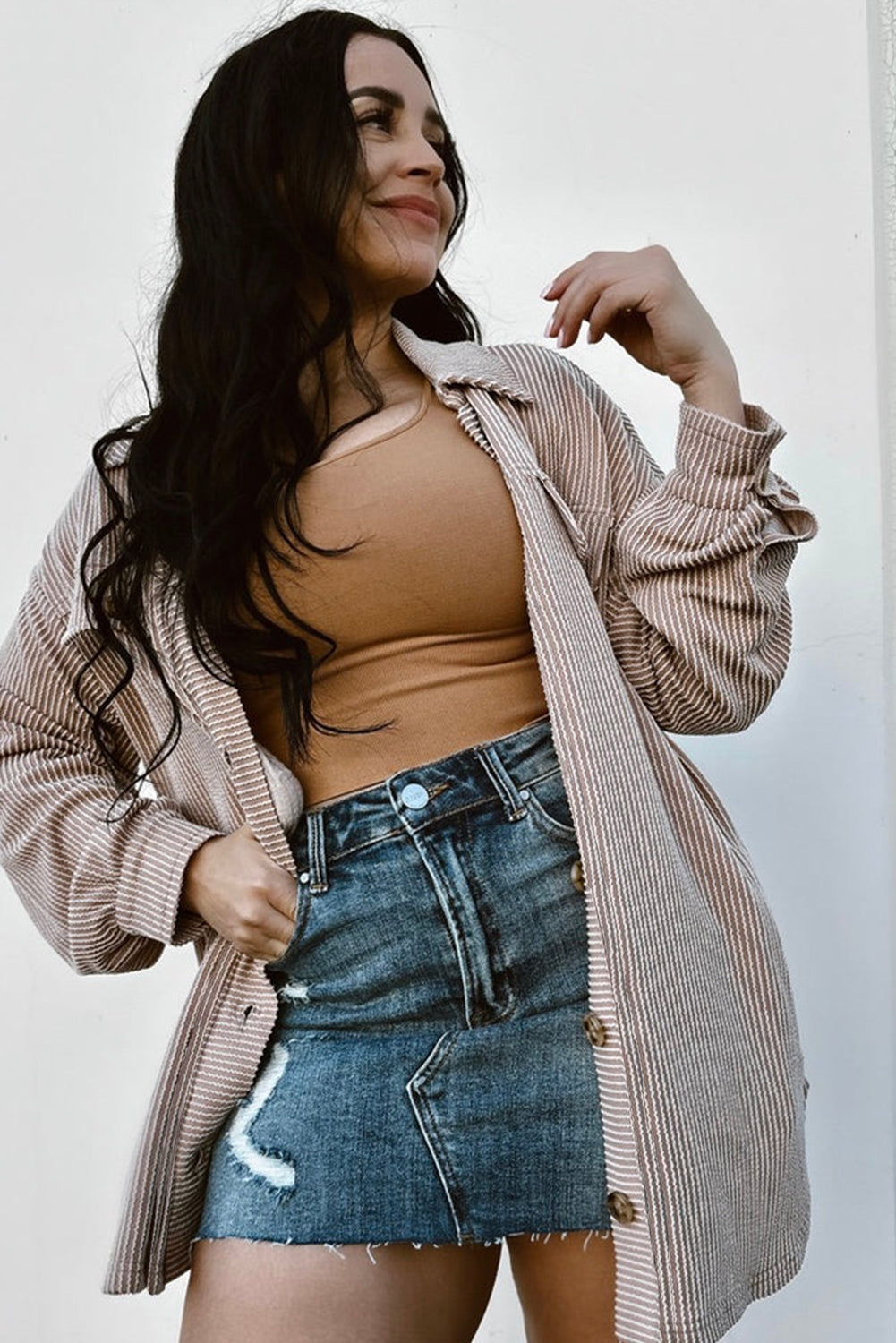 Smoke Gray Solid Corded Shacket