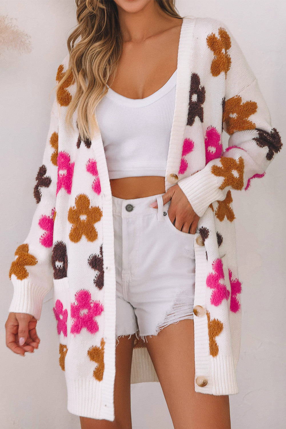 White Flower Pattern Pocket Buttoned Cardigan