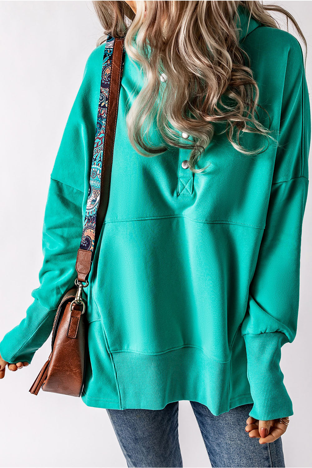 Turquoise Batwing Sleeve Pocketed Henley Hoodie