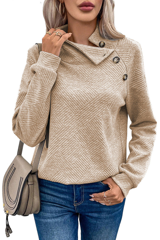 Apricot Asymmetric Buttons Detail High Neck Textured Sweatshirt