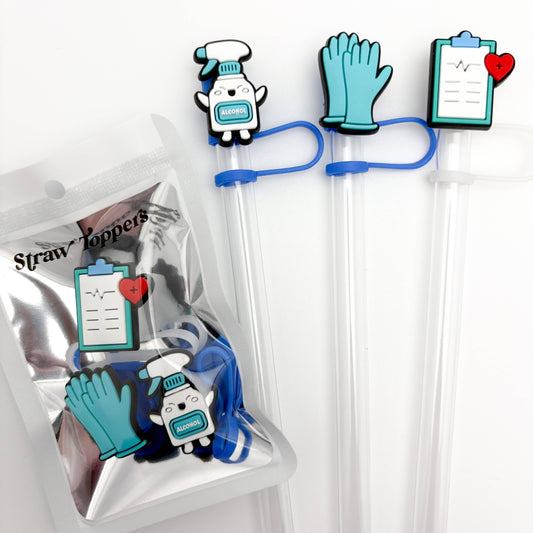 Straw Topper 3 pack - Medical Gloves, Alcohol, Clipboard