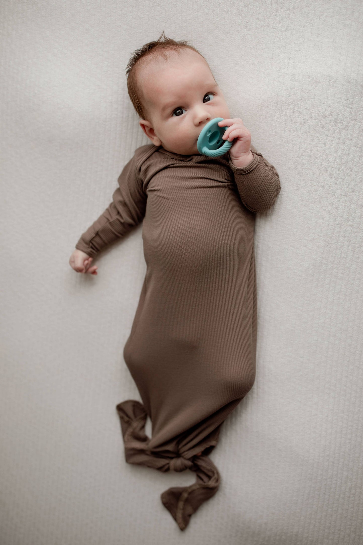 Cocoa Brown Ribbed Knotted Newborn Baby Gown sleepwear