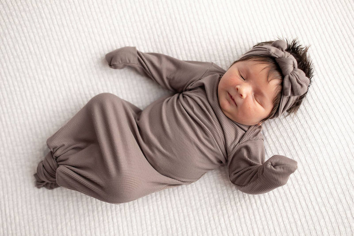 Cocoa Brown Ribbed Knotted Newborn Baby Gown sleepwear