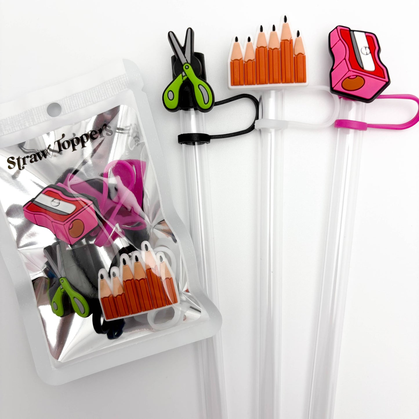 Straw Topper 3 pack - Office Teacher Theme Scissors, Pencils