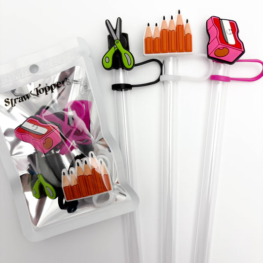 Straw Topper 3 pack - Office Teacher Theme Scissors, Pencils