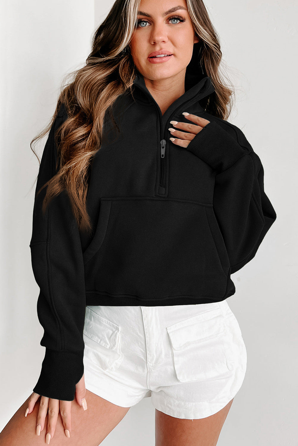 Black Zip Up Stand Collar Ribbed Thumbhole Sleeve Sweatshirt