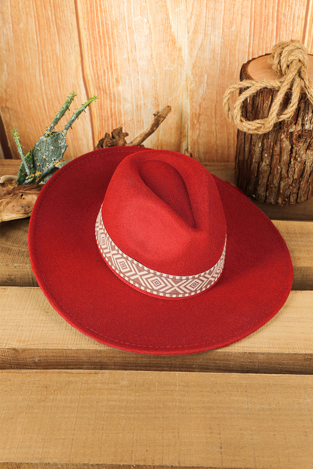 Fiery Red Aztec Embroidery Retro Flat Fedora Hat