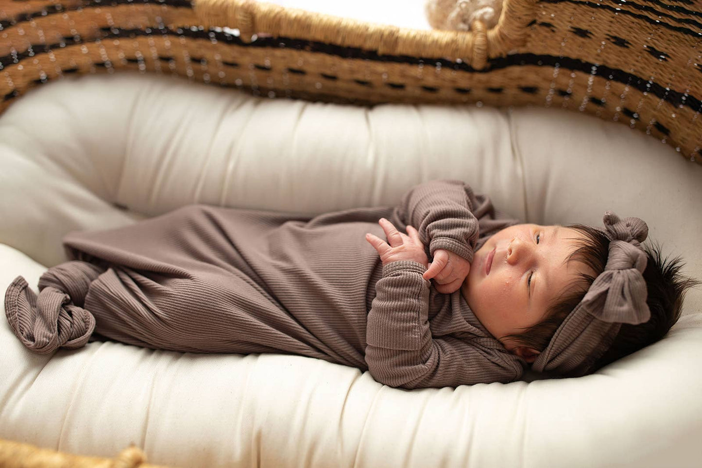 Cocoa Brown Ribbed Knotted Newborn Baby Gown sleepwear