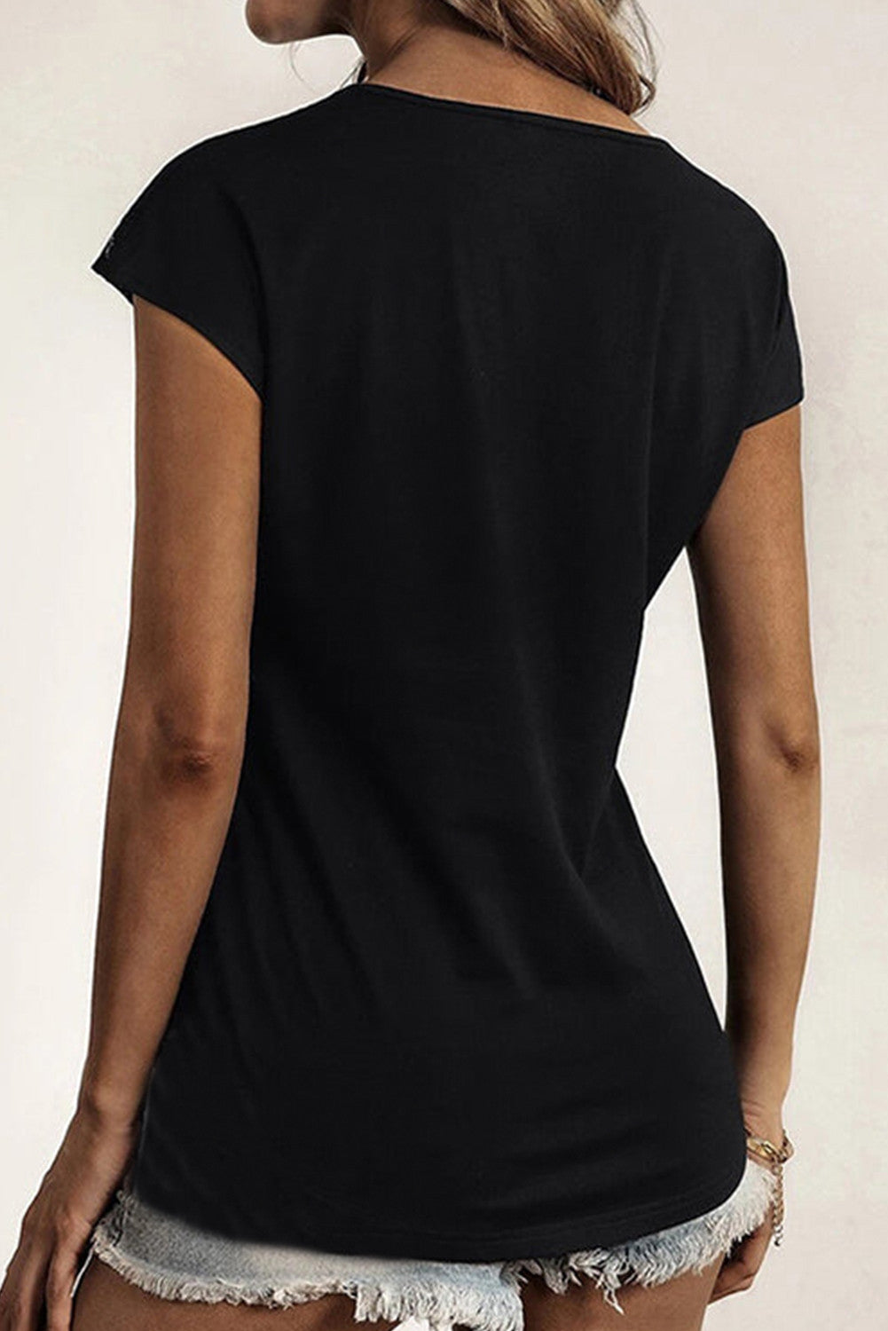 Black Zip Neck Lace Splicing Tee