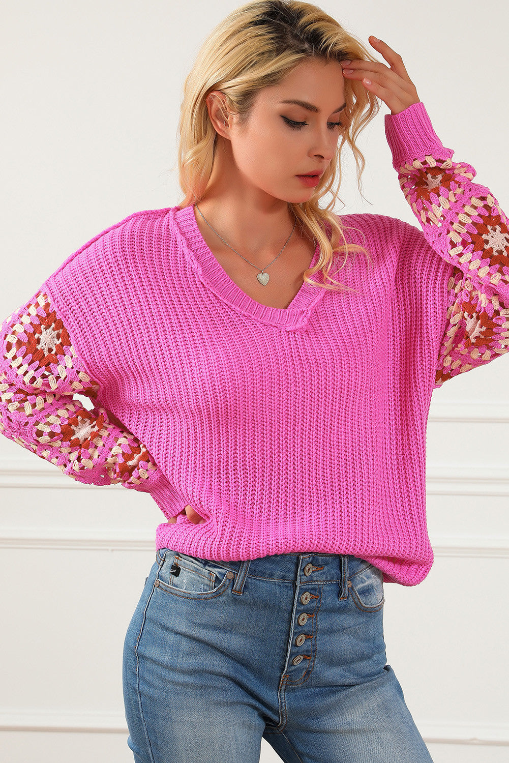 Rose Floral Crochet Cable Knit V Neck Sweater