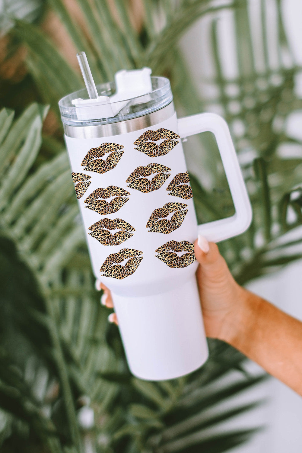 White Valentine Leopard Lips Print Thermos Cup with Straw 1200ml