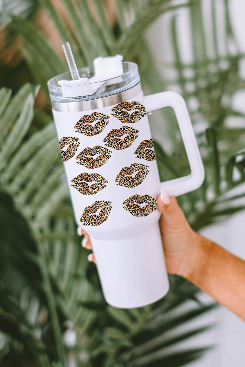 White Valentine Leopard Lips Print Thermos Cup with Straw 1200ml