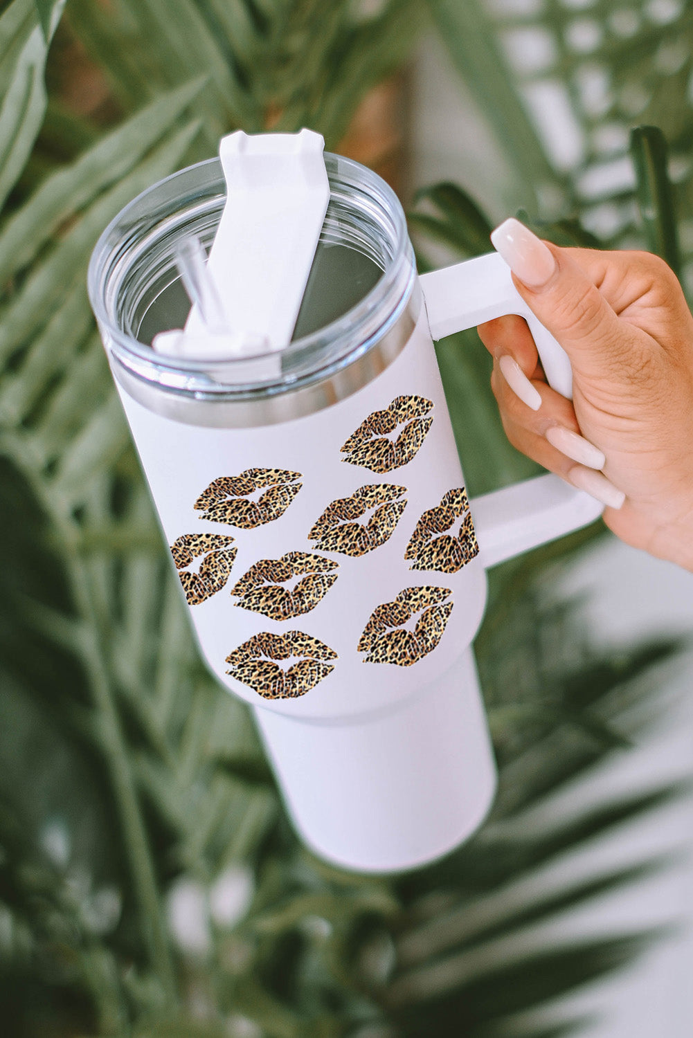 White Valentine Leopard Lips Print Thermos Cup with Straw 1200ml