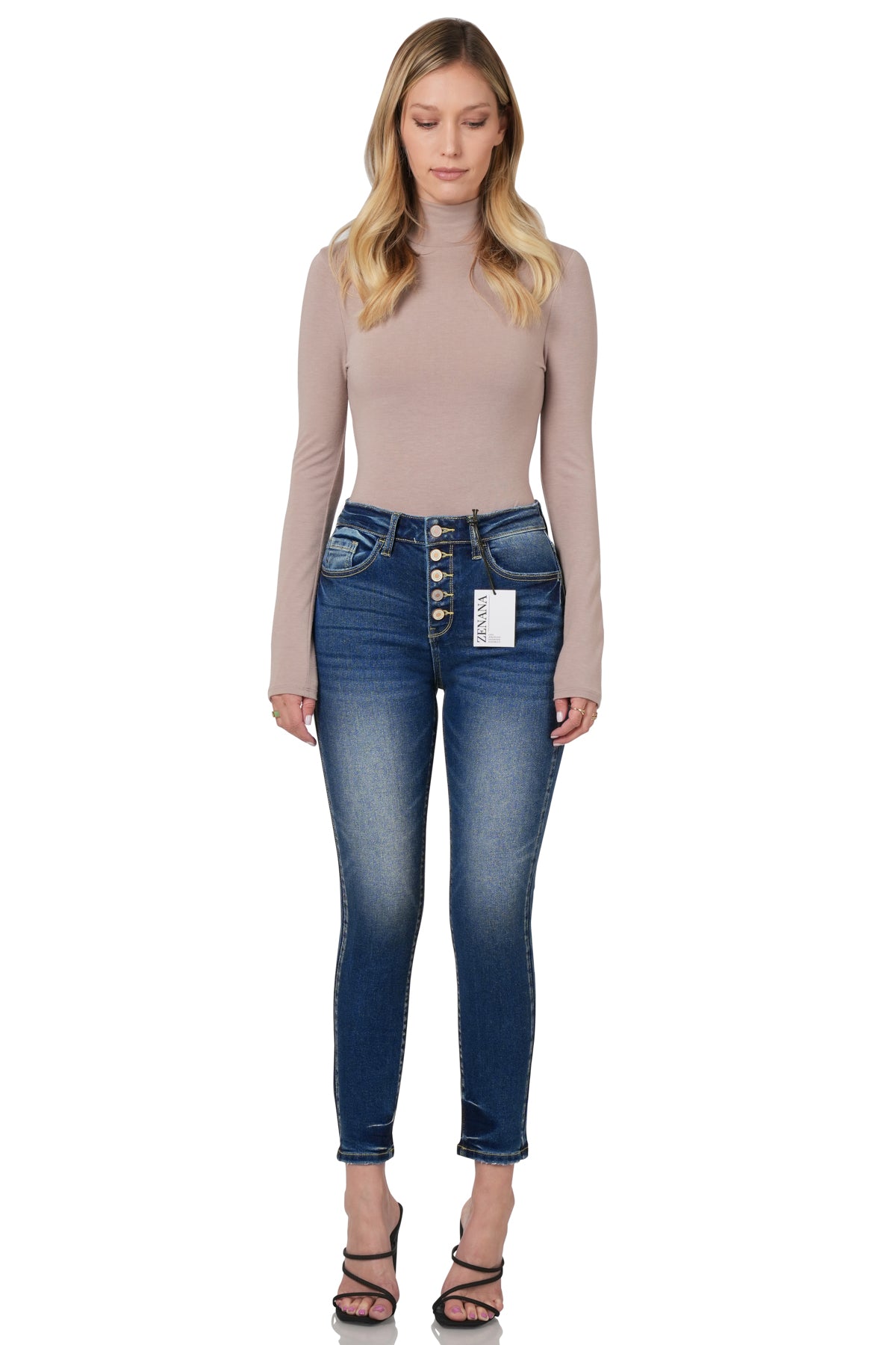 HIGH RISE BUTTON FLY ANKLE SKINNY DENIM PANTS