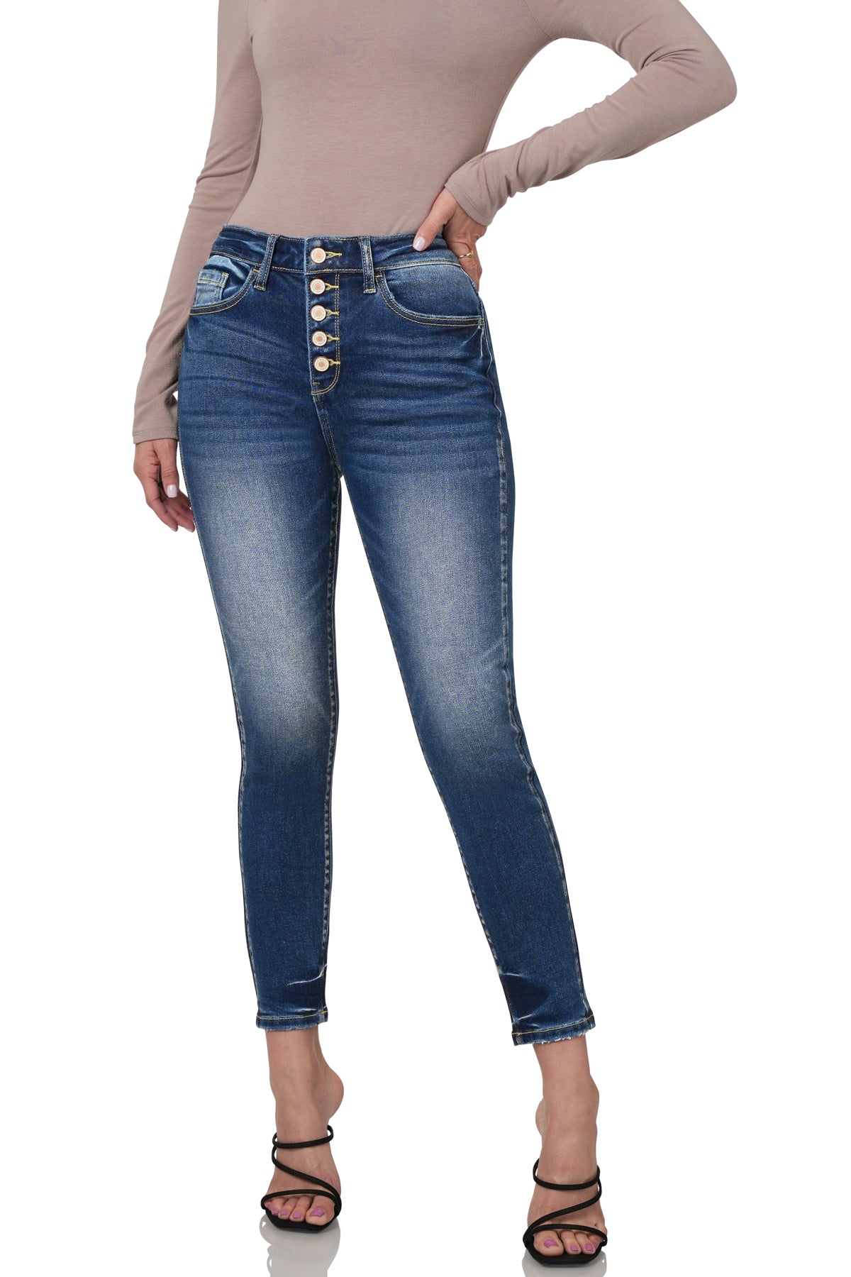 HIGH RISE BUTTON FLY ANKLE SKINNY DENIM PANTS