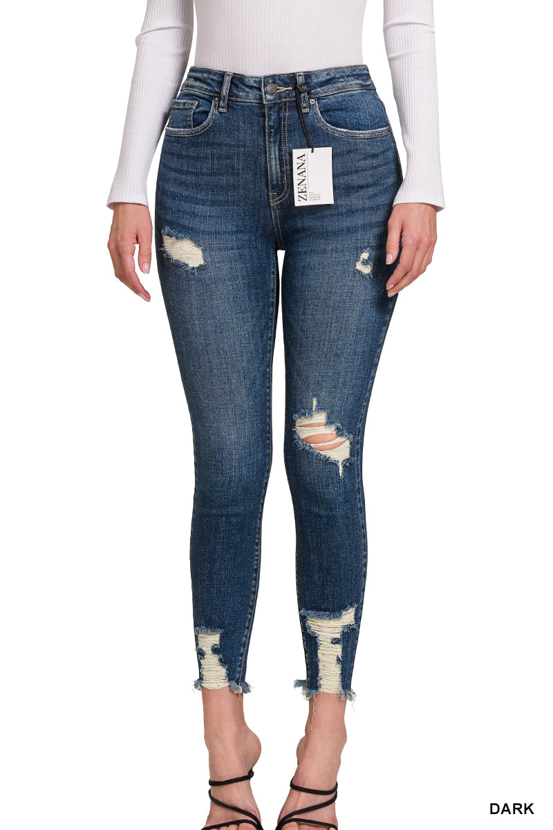 DISTRESSED HEM ANKLE SKINNY DENIM PANTS