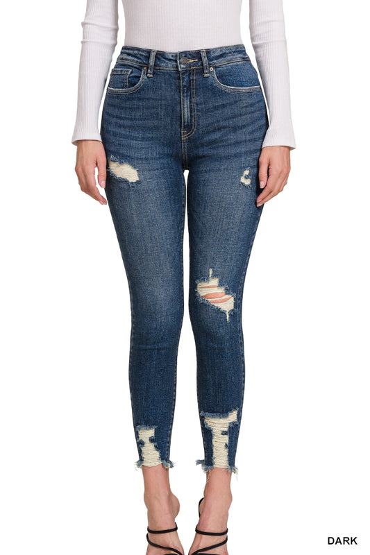 DISTRESSED HEM ANKLE SKINNY DENIM PANTS