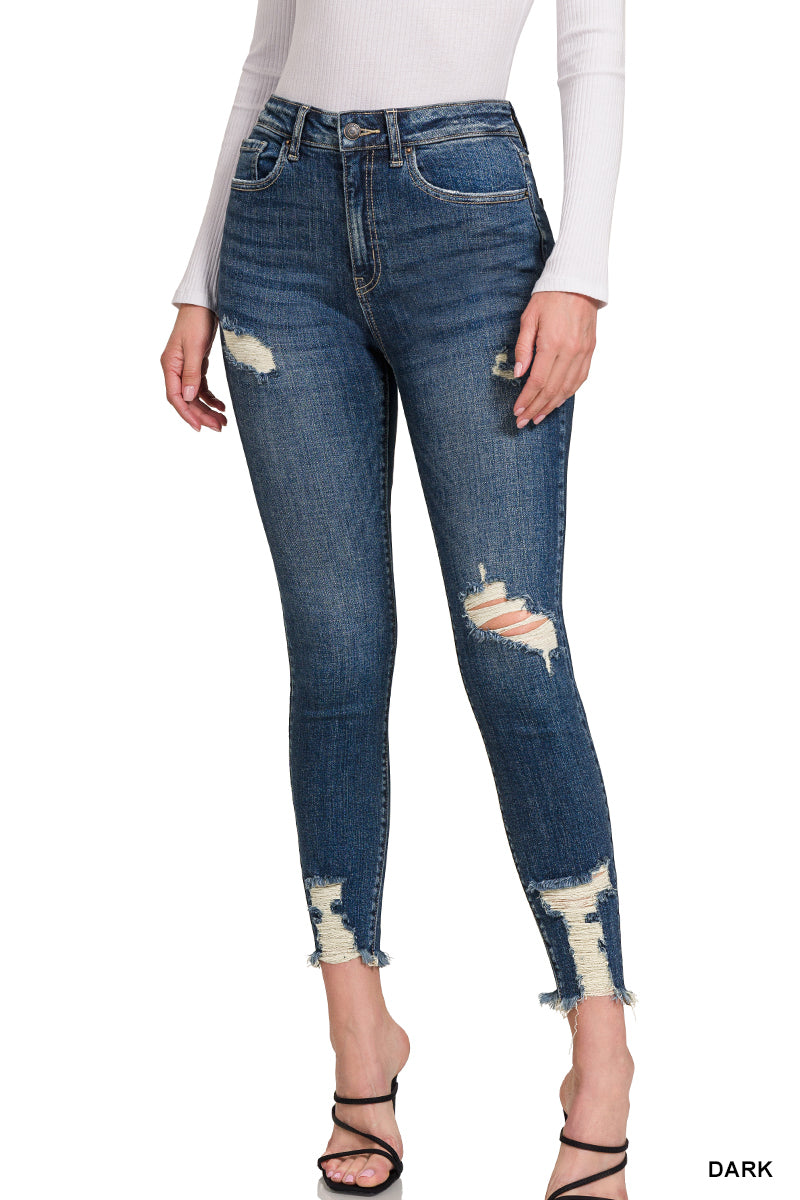 DISTRESSED HEM ANKLE SKINNY DENIM PANTS