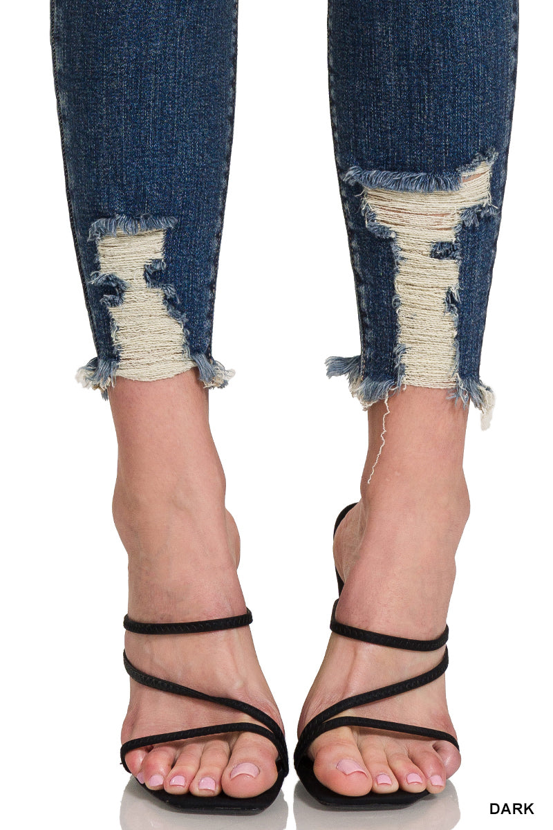 DISTRESSED HEM ANKLE SKINNY DENIM PANTS