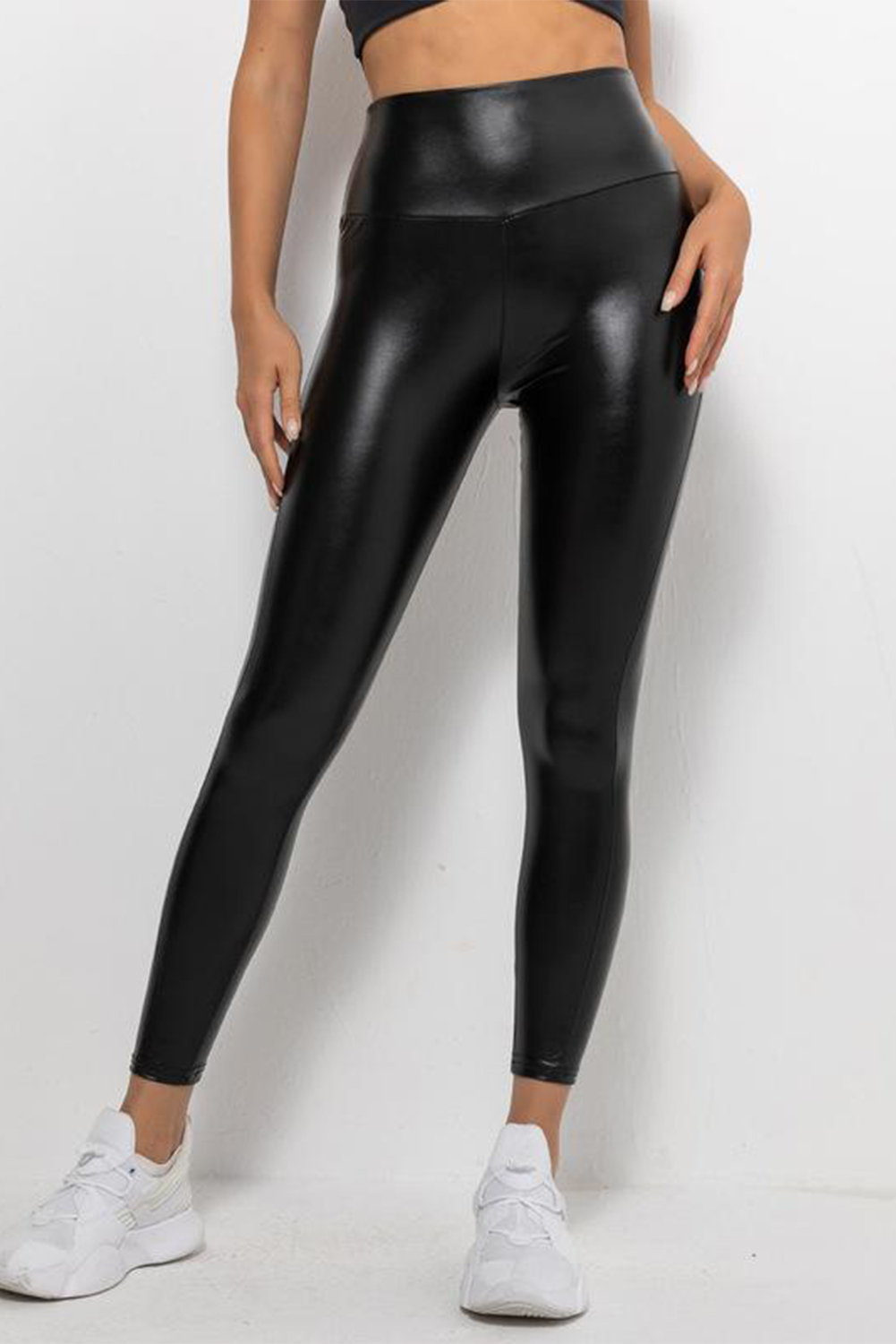 Black Faux Leather High Waist Sports Leggings