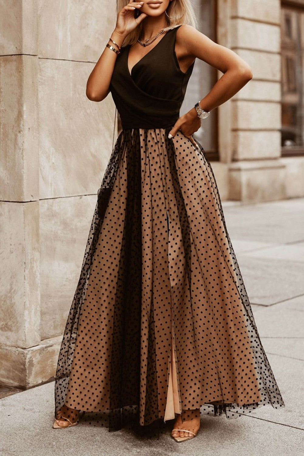 Black Polka Dot Mesh Overlay Sleeveless Maxi Dress