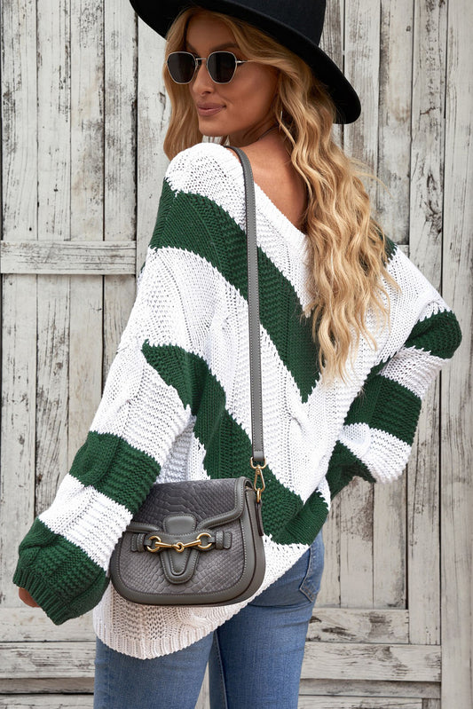 Green Color Block Drop Shoulder Oversize Sweater