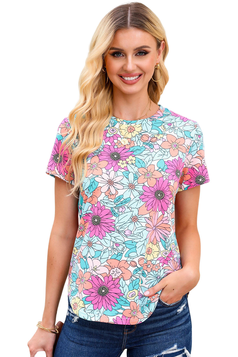 Multicolor Floral Print Asymmetric Hem Short Sleeve Top